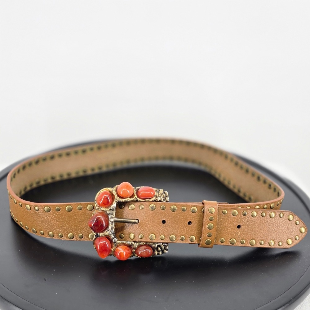 Lake Shore Drive Accessories Tan Leather Studded Belt Orange Stone Buckle Small